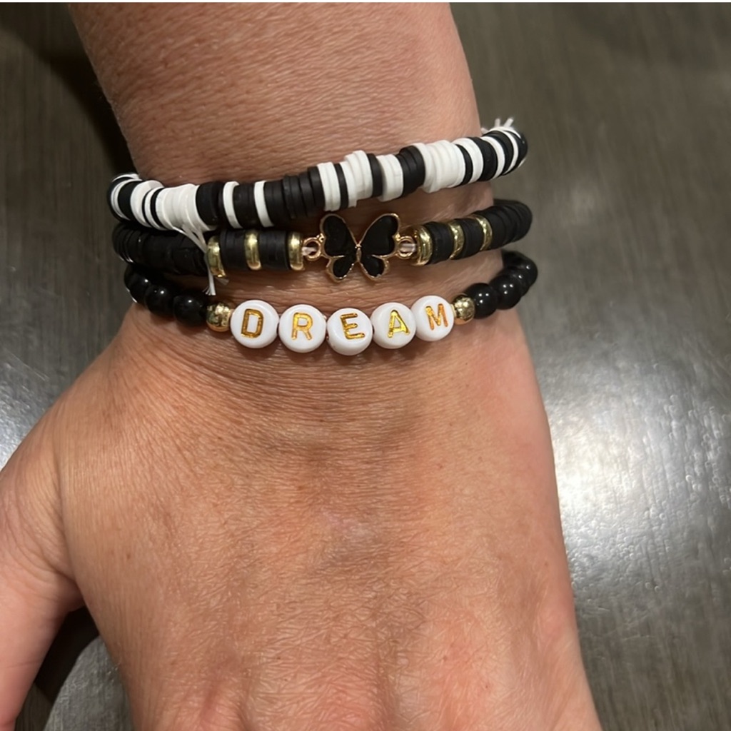 Friendship Black And White Beaded Bracelet Set With Butterfly Charm Dream
